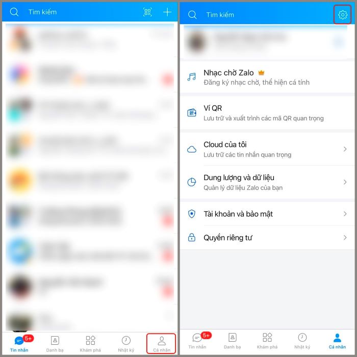 Zalo > “Cá nhân” > “Cài đặt”