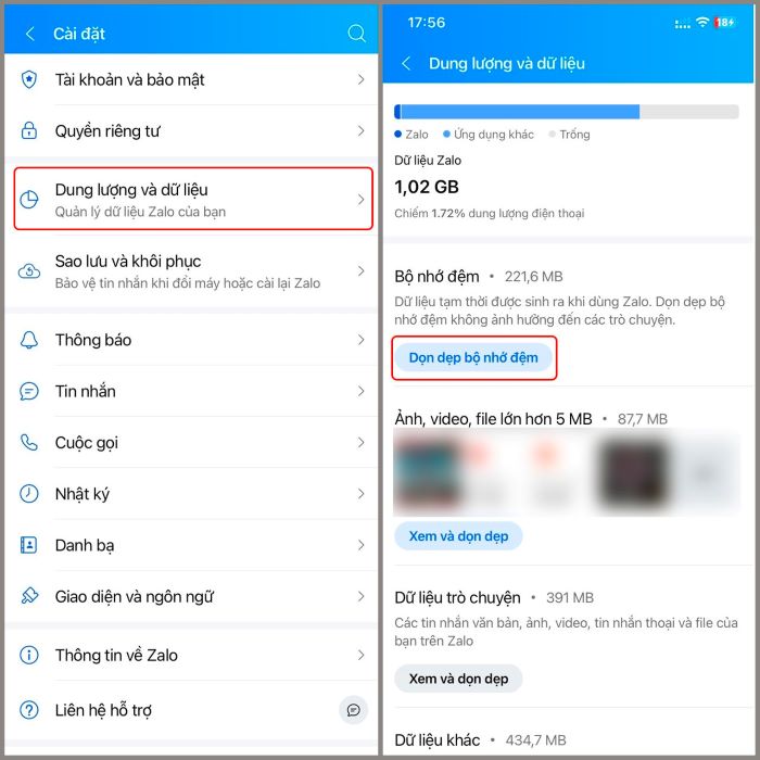 “Dung lượng và dữ liệu” > “Dọn dẹp bộ nhớ đệm”