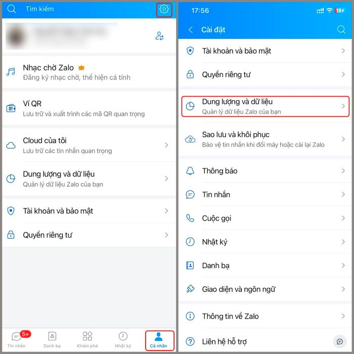 “Cài đặt” > “Dung lượng và dữ liệu