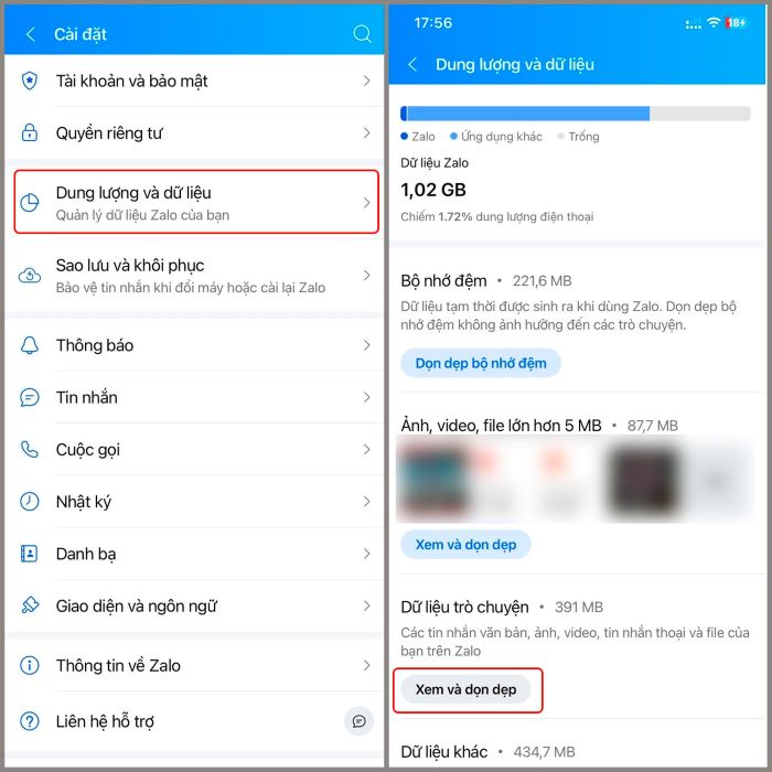 Chọn “Xem và dọn dẹp” > xóa đoạn chat chiếm dung lượng lớn
