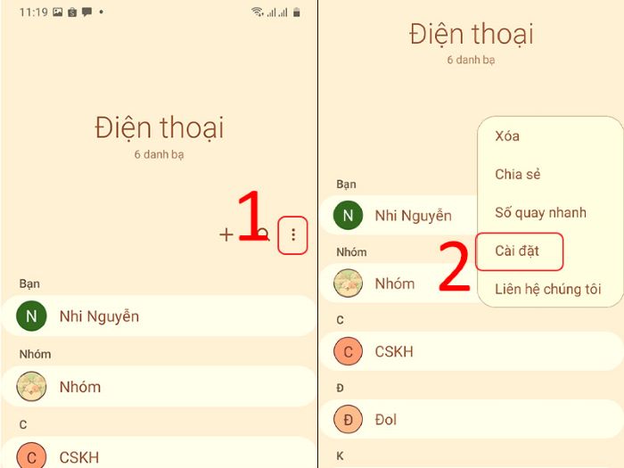 Vào menu Điện thoại > chọn biểu tượng ba chấm dọc > chọn Cài đặt