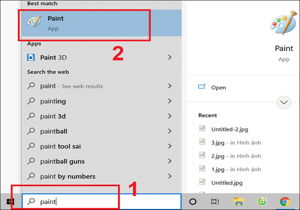 Nhập “Paint” vào cửa sổ tìm kiếm và mở ứng