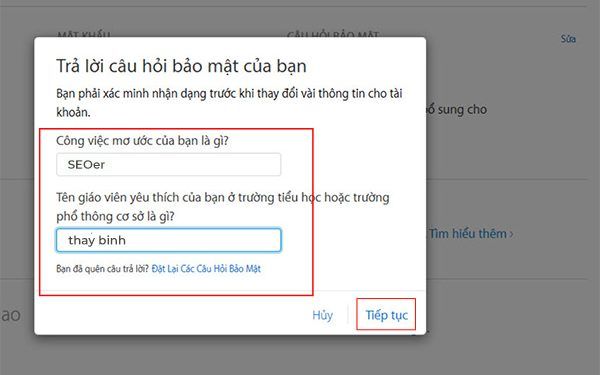 Trả lời bảo mật để lấy lại tài khoản iCloud