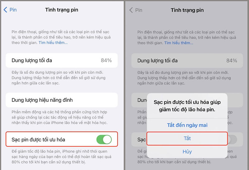 Tắt tính năng Sạc pin được tối ưu hóa