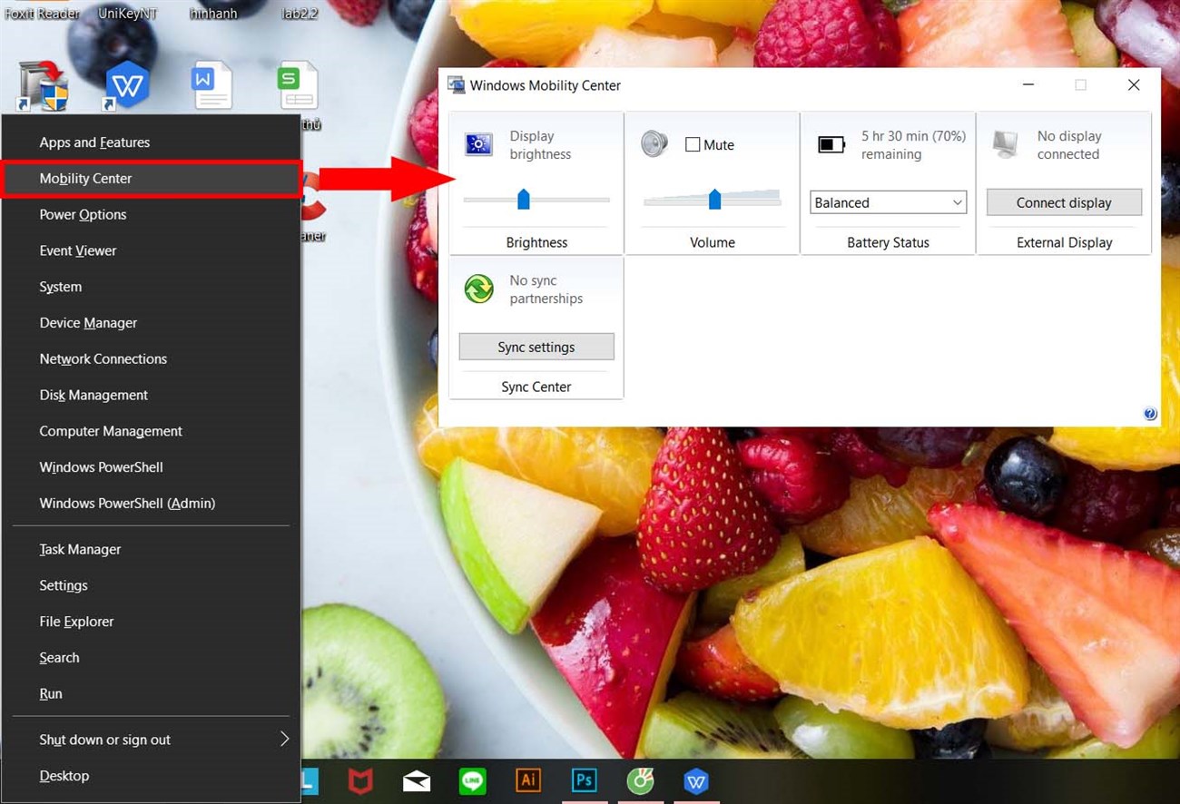 giảm sáng màn hình laptop bằng mobility center