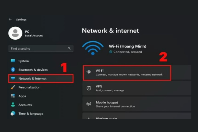 Mở Settings > Network & Internet > WiFi