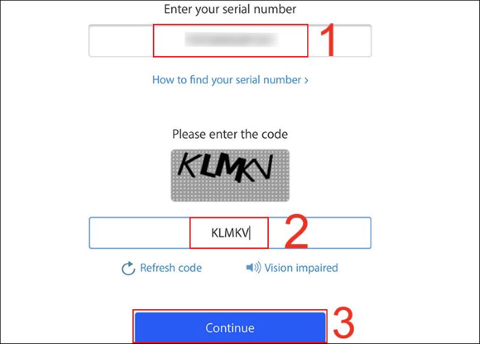 Nhập số seri và mã xác nhận