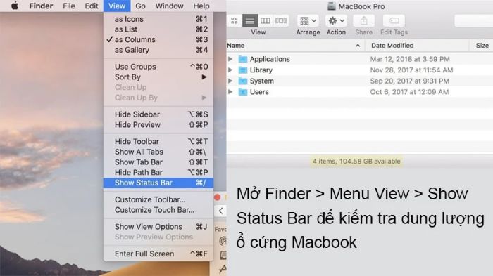 Mở Finder > chọn menu View > chọn Show Status Bar