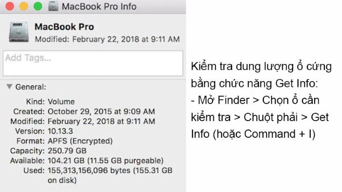 Kiểm tra dung lượng ổ đĩa Macbook bằng Get Info