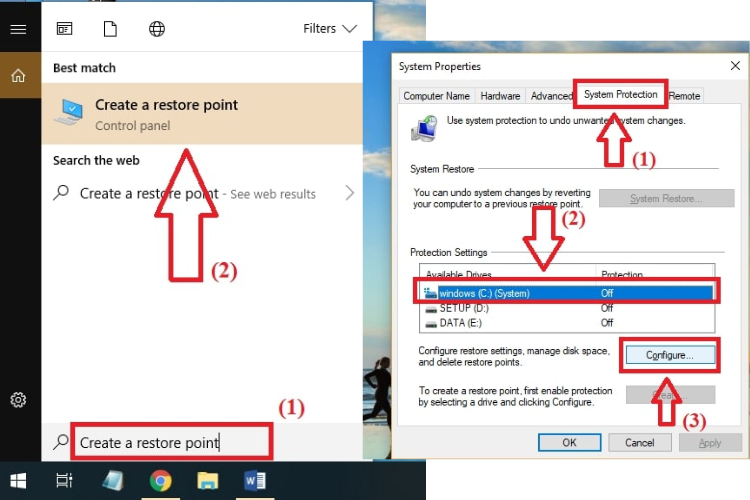 Tạo Create a restore point trong Windows Search