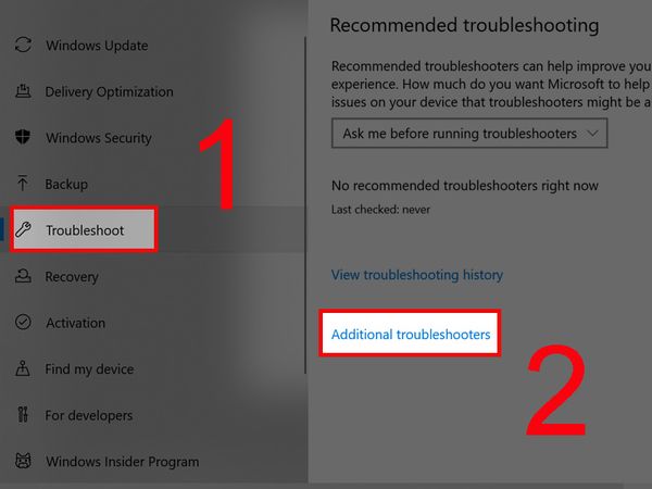 Vào Troubleshoot → Chọn Additional troubleshooters
