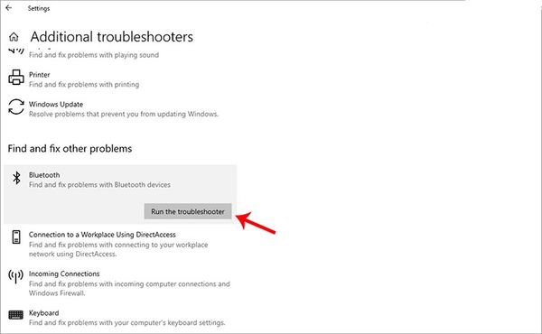 Chọn Bluetooth → Nhấn Run the troubleshooter