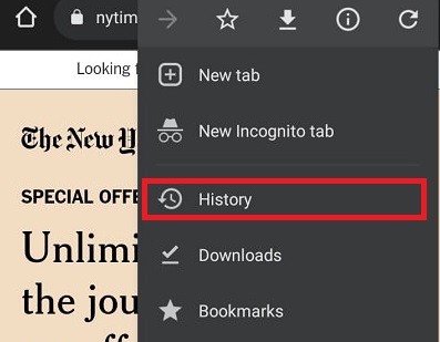Nhấn vào tùy chọn lịch sử