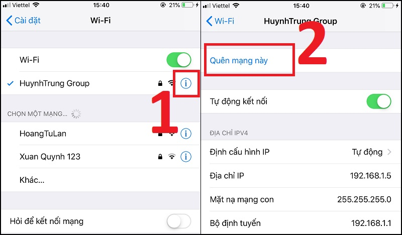 Chọn quên mạng trên iPhone