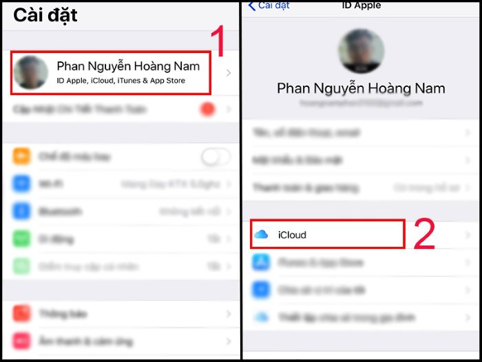 Vào Cài đặt > nhấp chọn tên ID Apple > chọn iCloud