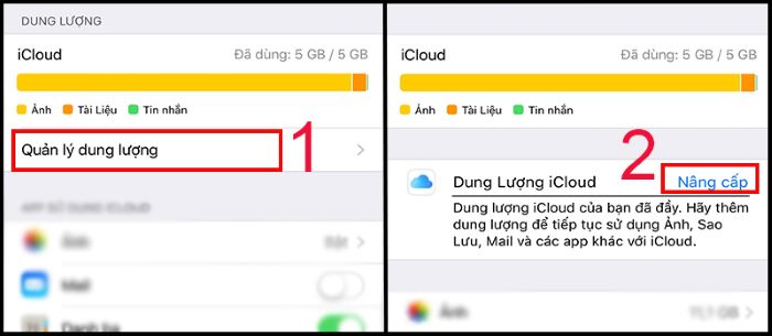 Chọn Quản lý dung lượng > Nâng cấp