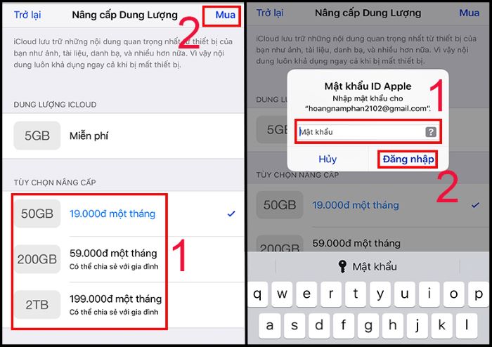 Chọn gói dung lượng iCloud > chọn Mua > nhập mật khẩu > Đăng nhập