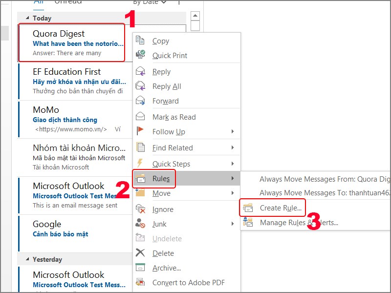 Hướng dẫn cách tạo rule chuyển tiếp email đến thư mục trong Outlook trên phần mềm