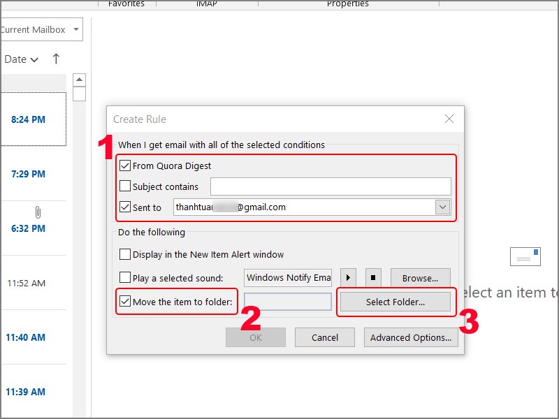 Hướng dẫn cách tạo rule chuyển tiếp email đến thư mục trong Outlook trên phần mềm