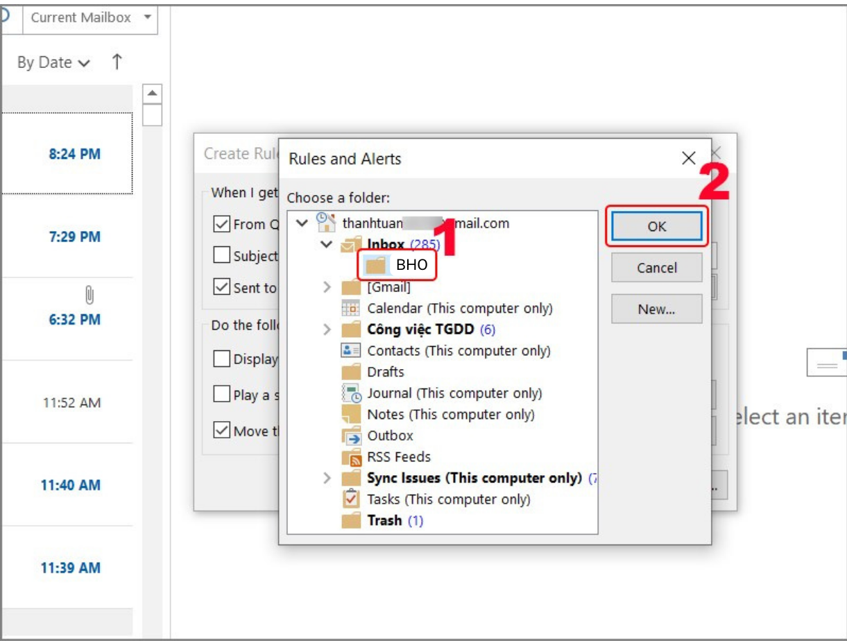 Hướng dẫn cách tạo rule chuyển tiếp email đến thư mục trong Outlook trên phần mềm