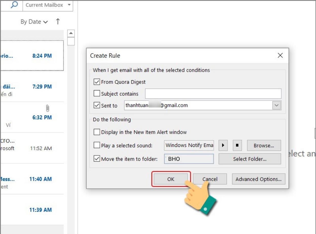 Hướng dẫn cách tạo rule chuyển tiếp email đến thư mục trong Outlook trên phần mềm