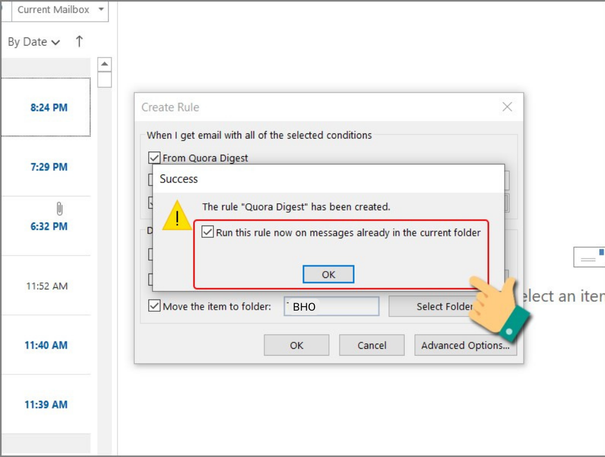 Hướng dẫn cách tạo rule chuyển tiếp email đến thư mục trong Outlook trên phần mềm