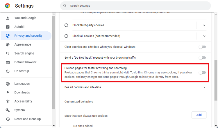 Vô hiệu hóa chế độ tải trước trang web