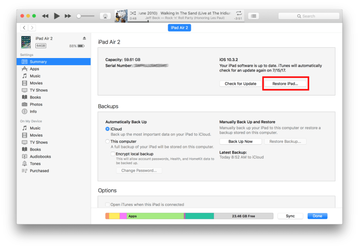 Thực hiện khôi phục cài đặt gốc iPad