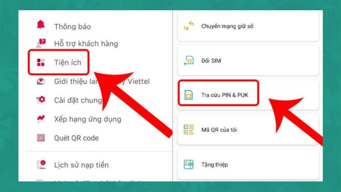 Chọn Tiện ích > Tra cứu PIN & PUK