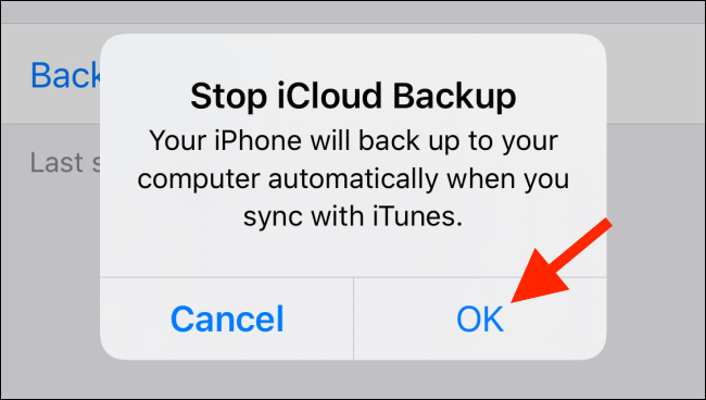 Xác nhận tắt sao lưu iCloud