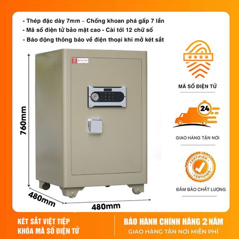 Két Sắt Việt Tiệp Siêu Cường KSC76DT – thân thép đặc 7mm siêu cứng, mã số điện tử cài tới 12 ký tự, cảnh báo ngay về điện thoại khi có tác động, thiết kế sang trọng – bảo vệ tài sản tuyệt đối