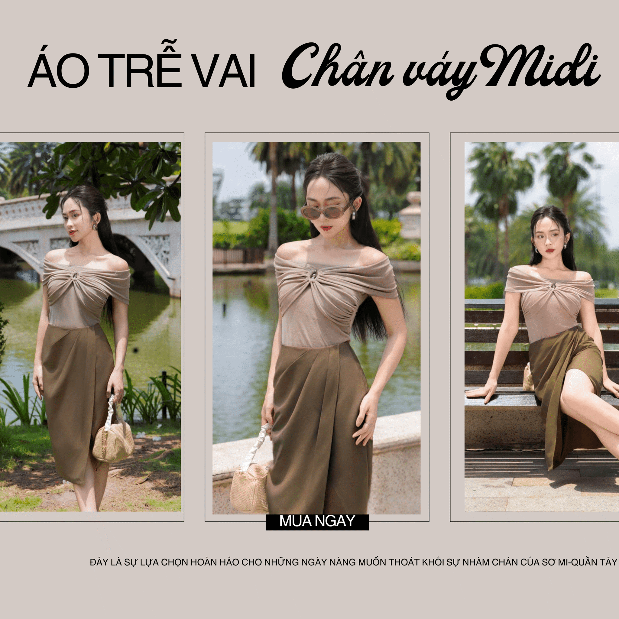 áo trễ vai mix chân váy midi