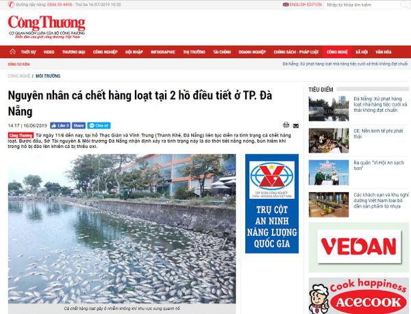 [BÁO CONGTHUONG.VN] Nguyên nhân cá chết hàng loạt tại 2 hồ điều tiết ở TP. Đà Nẵng