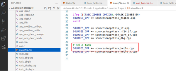 8. Add task_hello.cpp vào Makefile.mk để build source