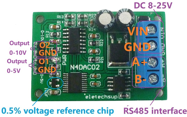 Mạch DAC 2 kênh ( 0-5VDC & 0-10VDC) RS485 Modbus RTU kết nối PLC (N4DAC02)