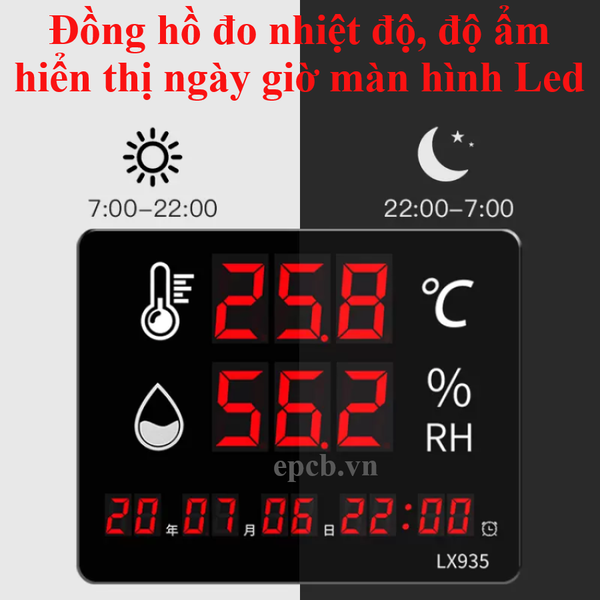 Đồng hồ đo nhiệt độ độ ẩm hiển thị  ngày giờ màn hình led EP-LX935