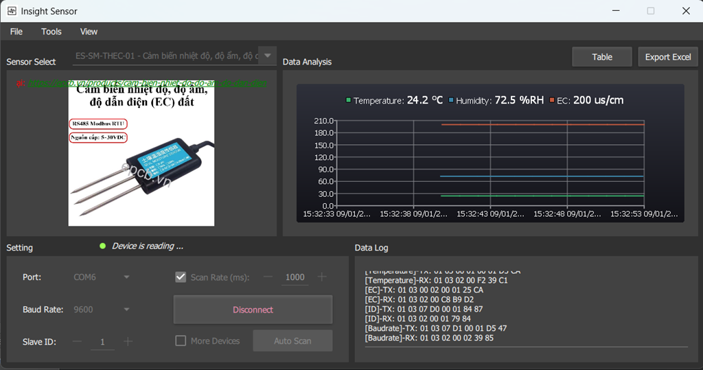 Vẽ biểu đồ và lưu trữa data logger ES-SM-TH-01 sử dụng Insight Sensor