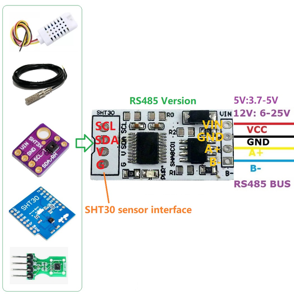 Mạch đọc cảm biến SHT30, SHT31, SHT35 sử dụng RS485 Modbus RTU (SHA8C01)