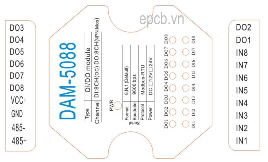 Module chuyển đổi đầu vào ra DO DI sang RS485 Modbus RTU DAM5088