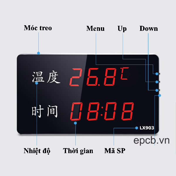 Đồng hồ đo nhiệt độ và thời gian hiển thị màn hình LED EP-LX903