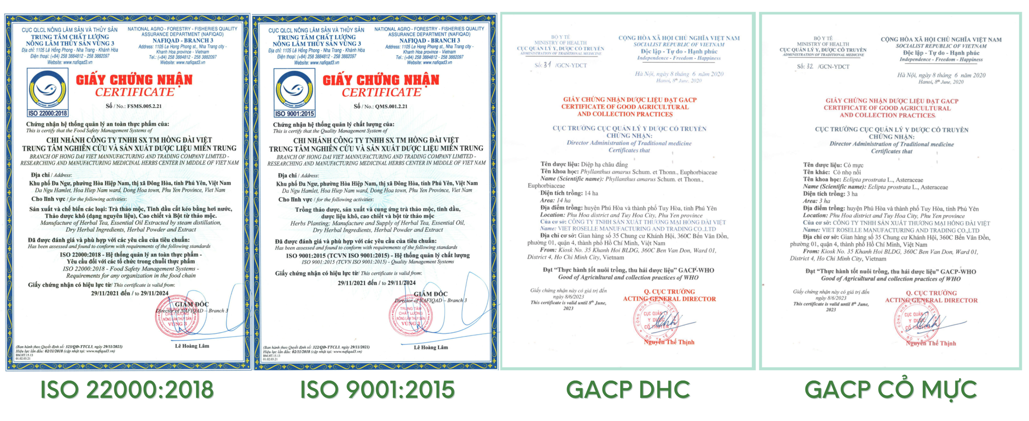 Chứng nhận chất lượng: ISO 22000-2018, ISO8001:2015, GACP DIỆP HẠ CHÂU, GACP CỎ MỰC