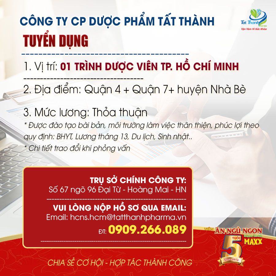 Tuyển dụng Trình dược viên Quận 4+ Quận 7+ Huyện Nhà Bè- Hồ Chí Minh