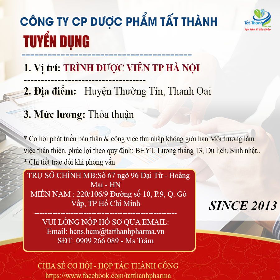 Tuyển dụng Trình dược viên khu vực Thạch Thất, Thanh Oai - Hà Nội