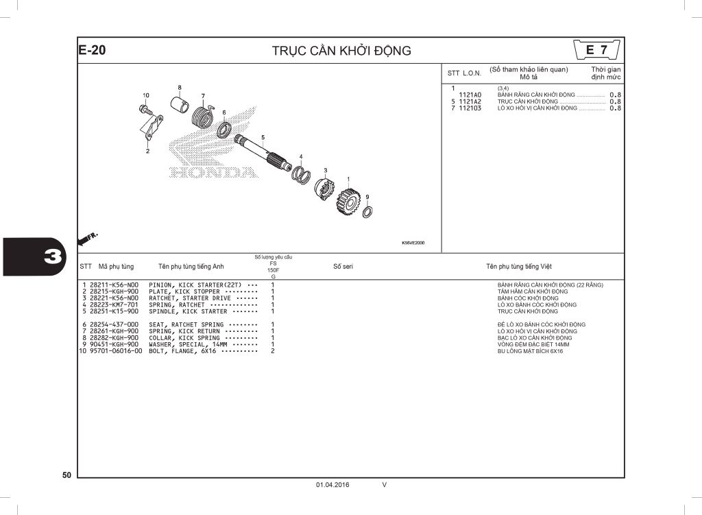 Honda Winner V1 (2016-2018) - Nhóm phụ tùng động cơ - Trục cần khởi động