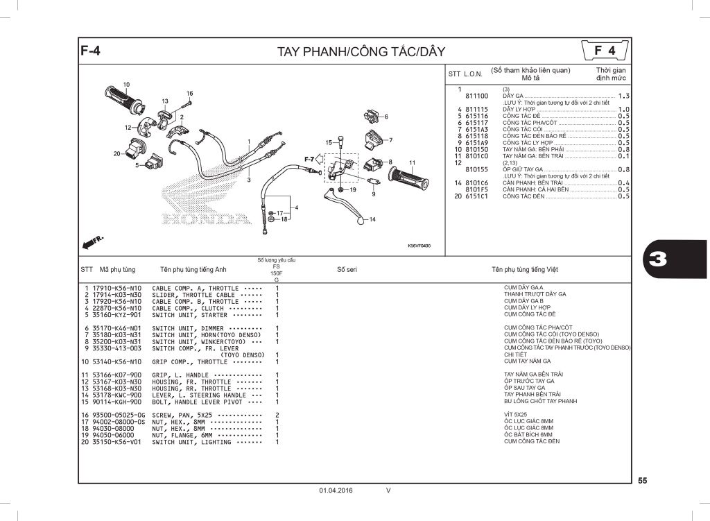 Honda Winner V1 (2016-2018) - Nhóm phụ tùng về khung - Tay phanh/công tắc/dây