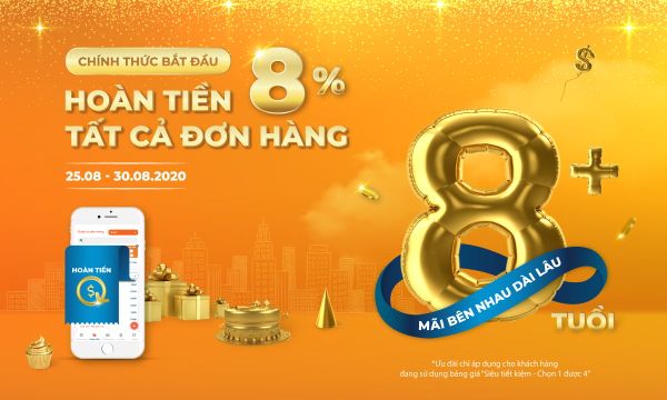 Mừng sinh nhật 8 tuổi - Hoàn tiền 8% tất cả đơn hàng