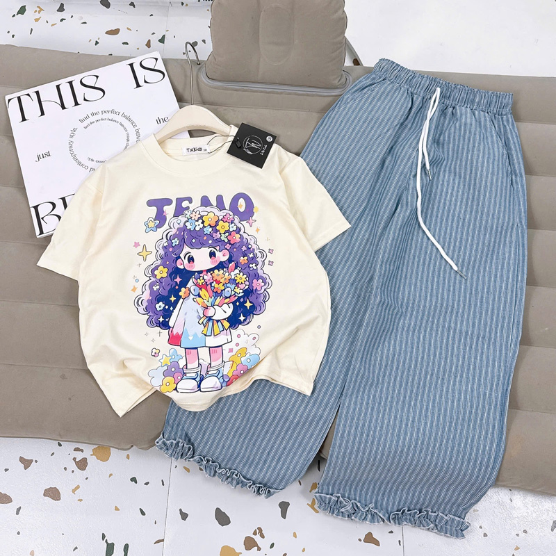 Bộ thun dài bé gái cô gái tóc hoa