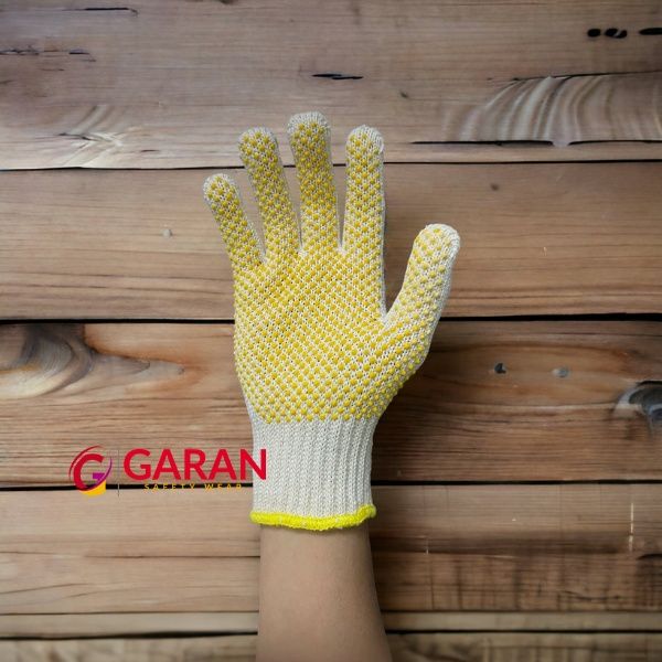 Găng tay sợi len phủ hạt nhựa màu vàng