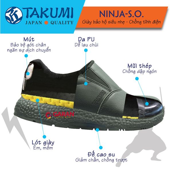 Giày Bảo Hộ Takumi Ninja S.O Không Dây Buộc Mũi Thép Chống Va Đập Đế Chống Dầu Chống Trơn Trượt Chống Tĩnh Điện