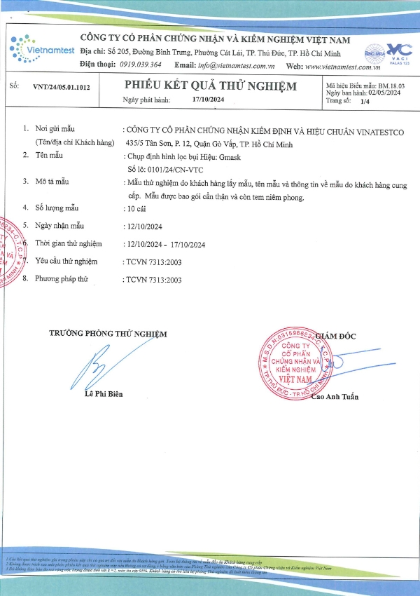 Hình ảnh sản phẩm Giấy Chứng Nhận Và Kiểm Định Chất Lượng Khẩu Trang Gmask